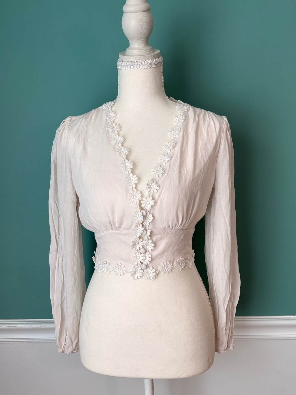 Fairycore Cottagecore Milkmaid Crop Top Floral Lace Long Sleeve Small